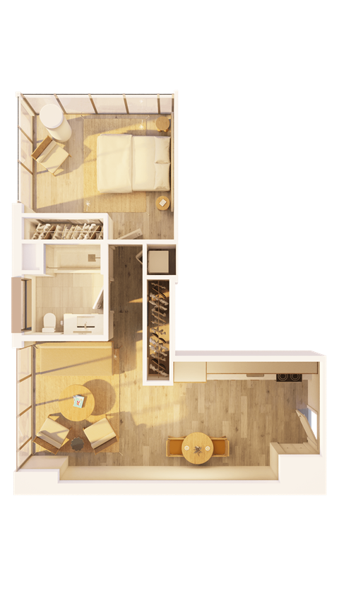 Floor plan for 1 bed, 1 bath, 647 sqft